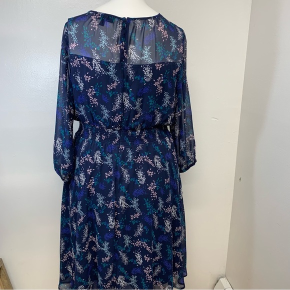 Lane Bryant Dress18 Career Blue Midi Floral 3/4 Sheer Sleeve Cinch Waist Office - Picture 6 of 11